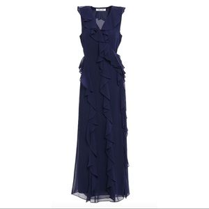 DVF Navy Ruffled Georgette Maxi Wrap Dress. Size S
